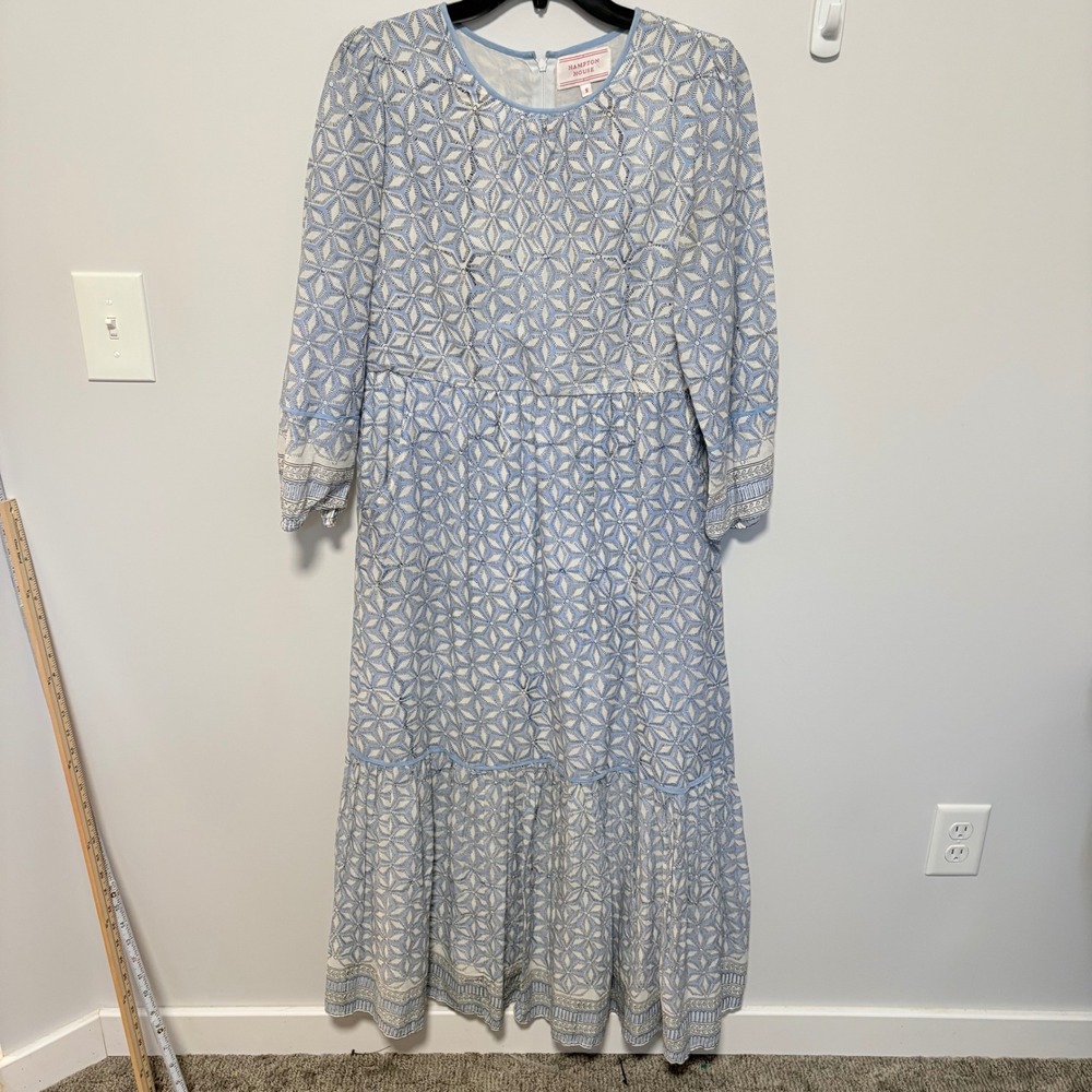 Hampton House Block Print Tiered Maxi‎ Dress Blue Size S Cotton Long Sleeve